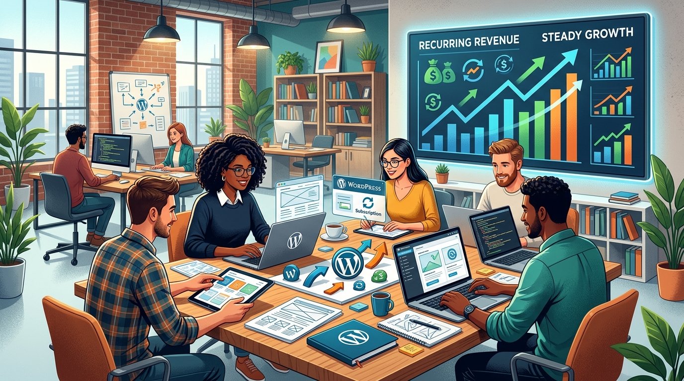 A team of web developers working together in an office with laptops and screens showing graphs and website designs.