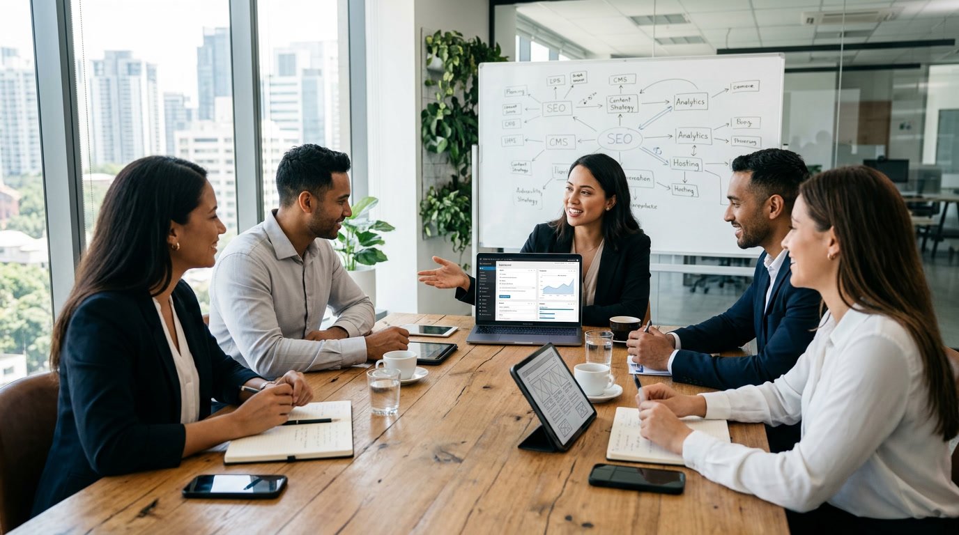 Business professionals collaborating around a table with a laptop showing a website dashboard in a bright office.