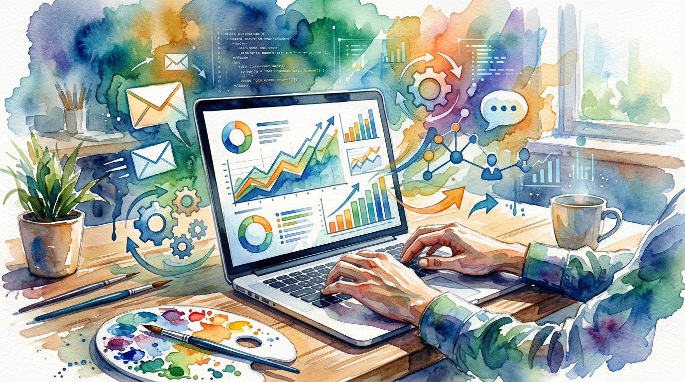 A workspace with a laptop showing colourful graphs and icons representing automation and messaging, surrounded by abstract digital and organic elements symbolising business growth.